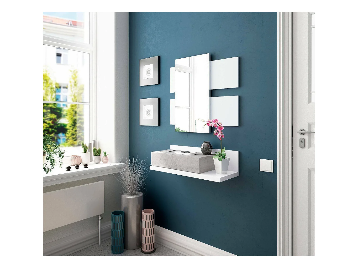 Armario de entrada Dcori, Hall de entrada suspendido con espejo, Mueble con cajón para entrada, 75x29h90 cm, Blanco y Cemento