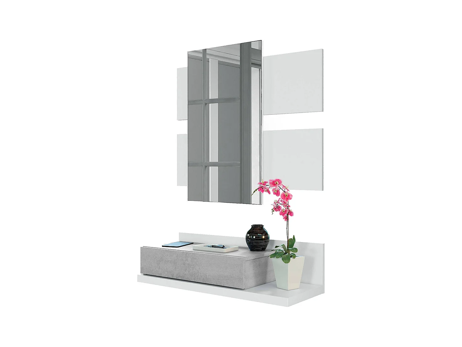 Armario de entrada Dcori, Hall de entrada suspendido con espejo, Mueble con cajón para entrada, 75x29h90 cm, Blanco y Cemento