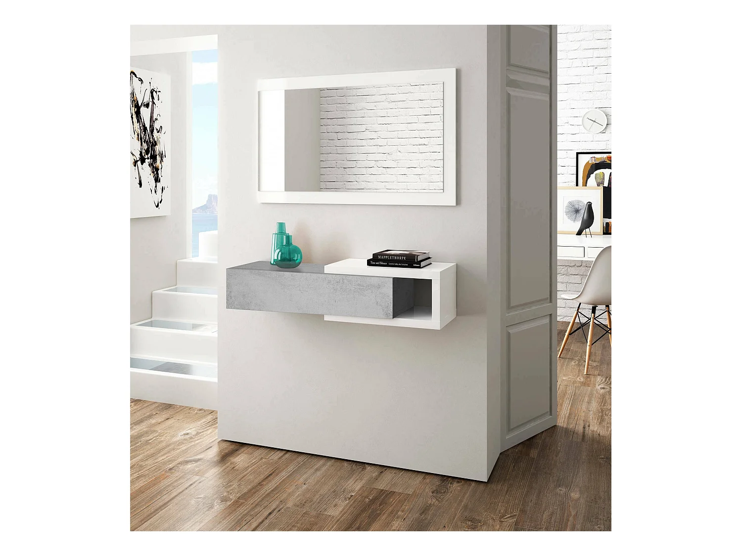 Meuble d'entrée Dhasi, Entrée réversible avec miroir, Meuble d'entrée avec tiroir, Plateau de poche pour appartements, 95x26h69 cm, Blanc et Ciment