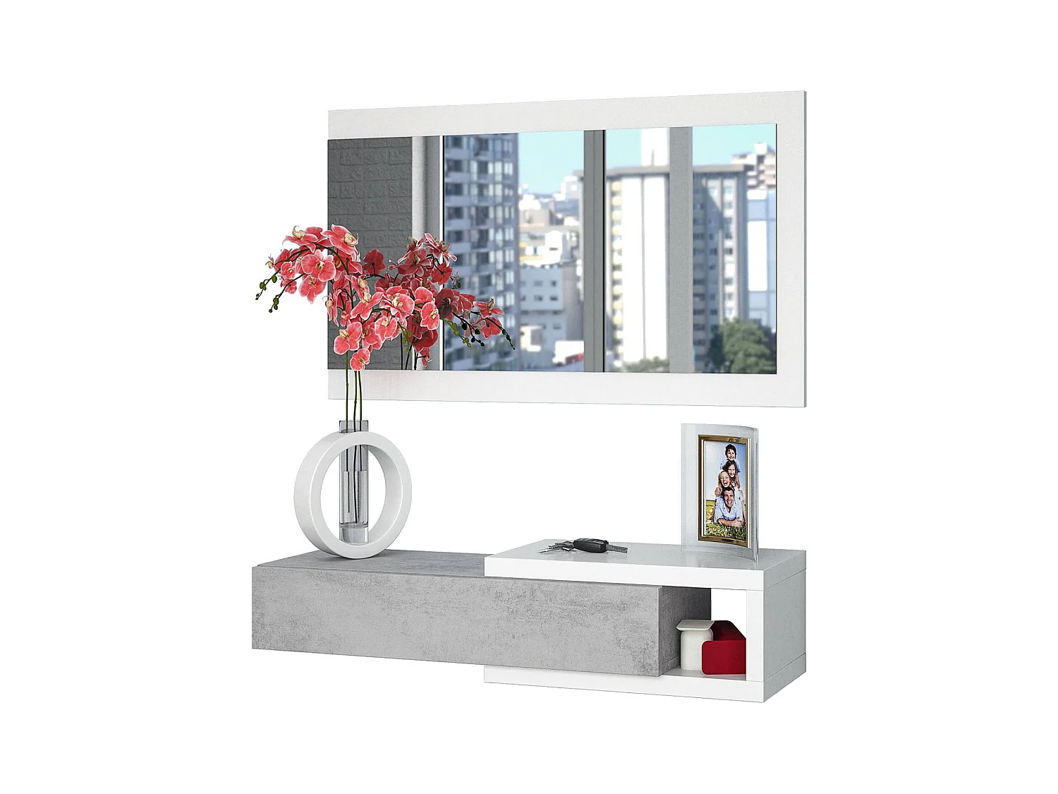 Meuble d'entrée Dhasi, Entrée réversible avec miroir, Meuble d'entrée avec tiroir, Plateau de poche pour appartements, 95x26h69 cm, Blanc et Ciment