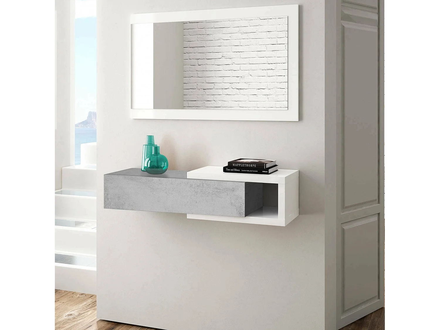 Dhasi entreemeubilair, Omkeerbare entree met spiegel, Halmeubel met lade, Zakblad voor appartementen, 95x26h69 cm, Wit en Cement