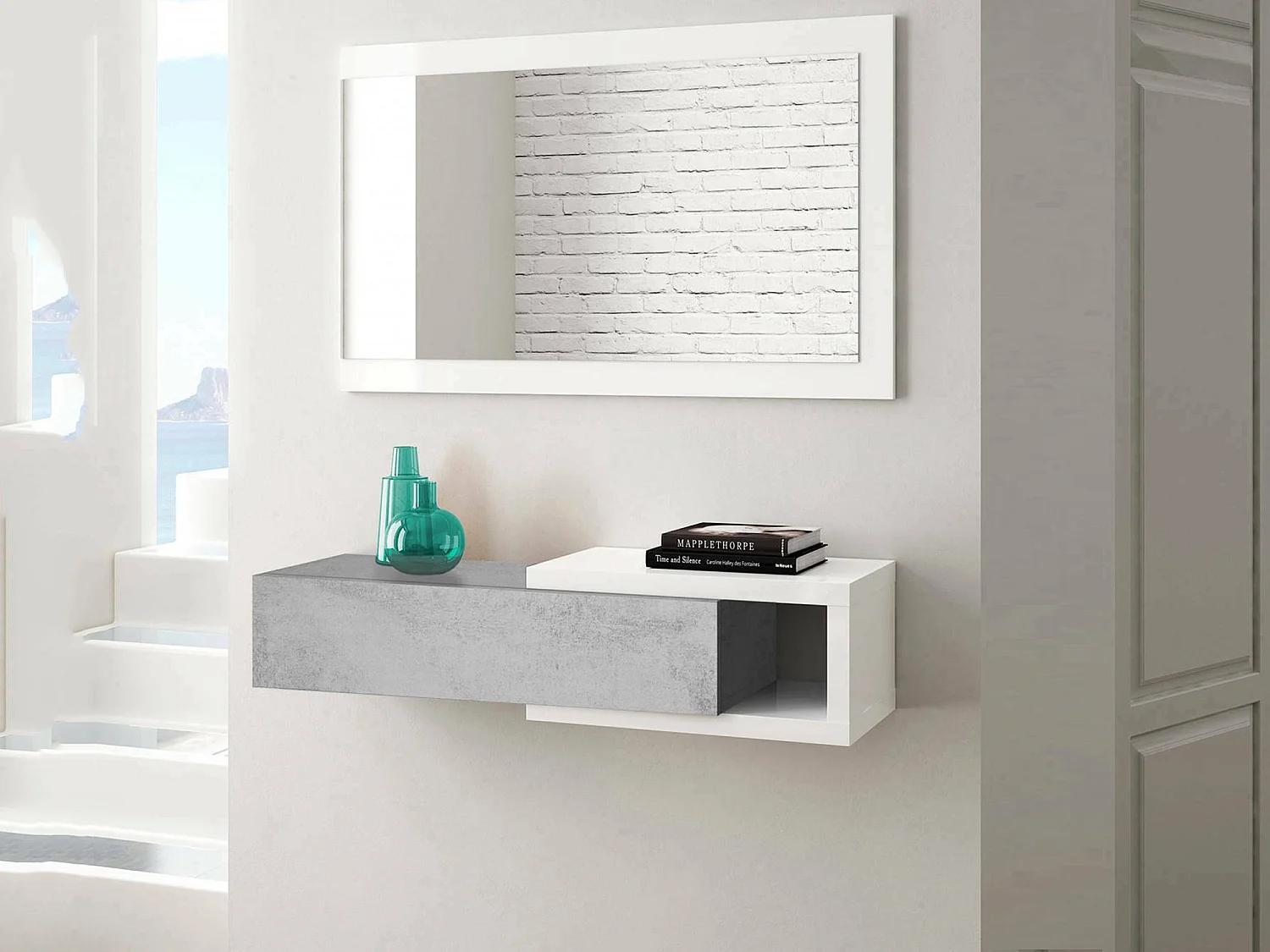 Meuble d'entrée Dhasi, Entrée réversible avec miroir, Meuble d'entrée avec tiroir, Plateau de poche pour appartements, 95x26h69 cm, Blanc et Ciment