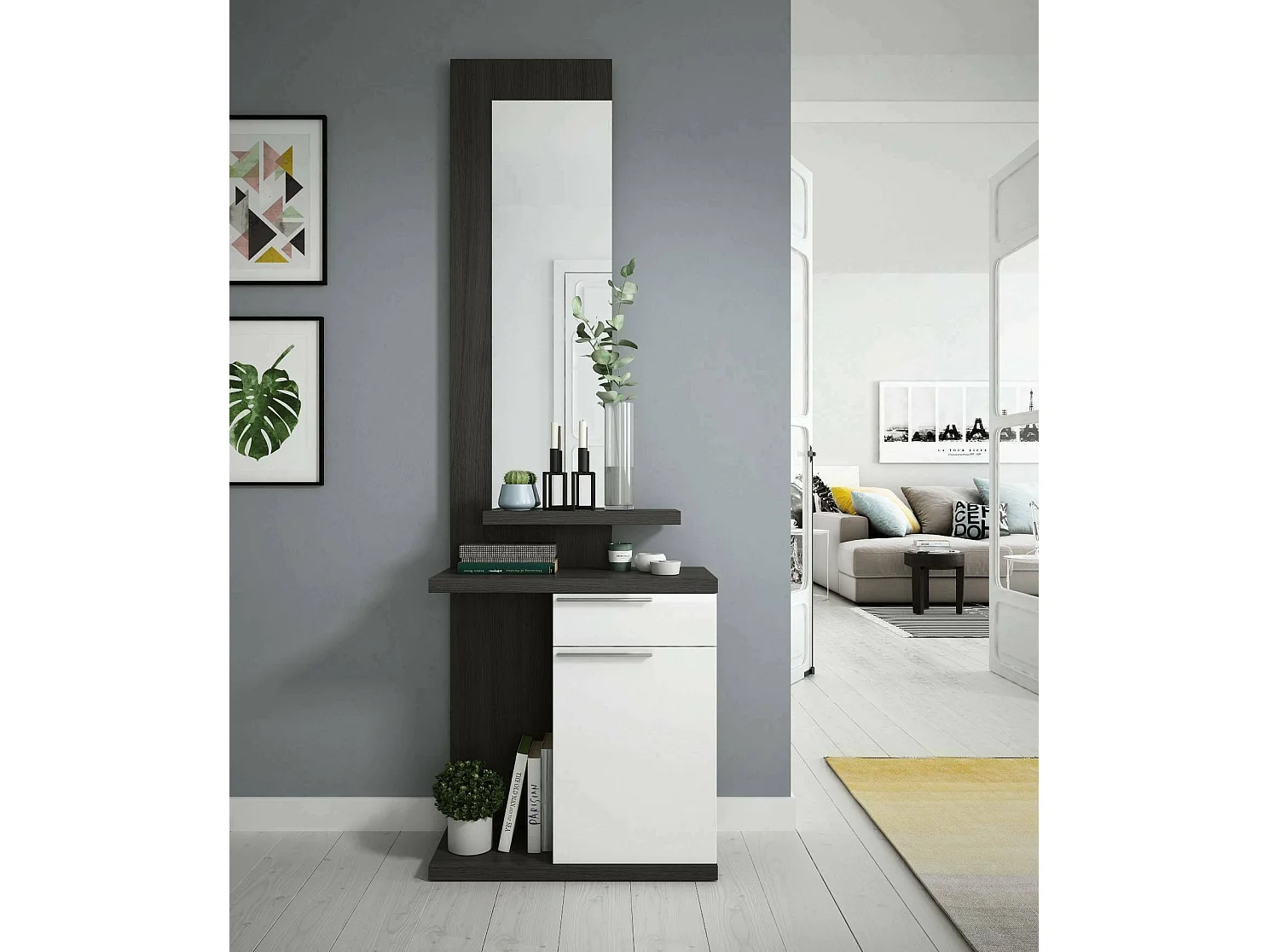 Meuble d'entrée Dmin, Entrée avec miroir, Meuble d'entrée avec porte et tiroir, 61x29h186 cm, Blanc et Gris cendré