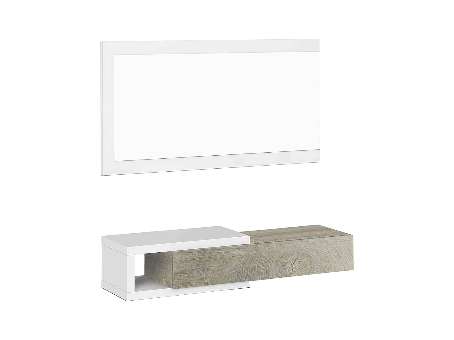Dhasi entreemeubilair, Omkeerbare entree met spiegel, Halmeubel met lade, Zakblad voor appartementen, 95x26h69 cm, Wit en Eiken