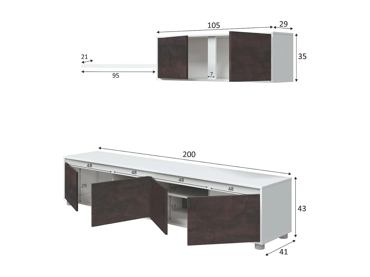 Einbaufertige Wand Savannah, TV-Ständer für Wohnzimmer, Zusammensetzung des Wohnzimmersets, Wohnzimmergarnitur mit Schrankwand, 200x41h43 cm, WeiÃŸ und Oxid