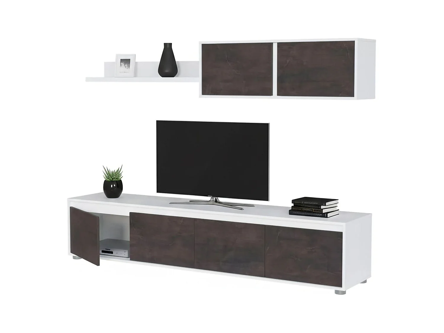 Système mural Savannah, meuble TV meuble de salon, Composition d'ensemble de salon, Ensemble de salon avec élément mural, 200x41h43 cm, Blanc et Oxyde