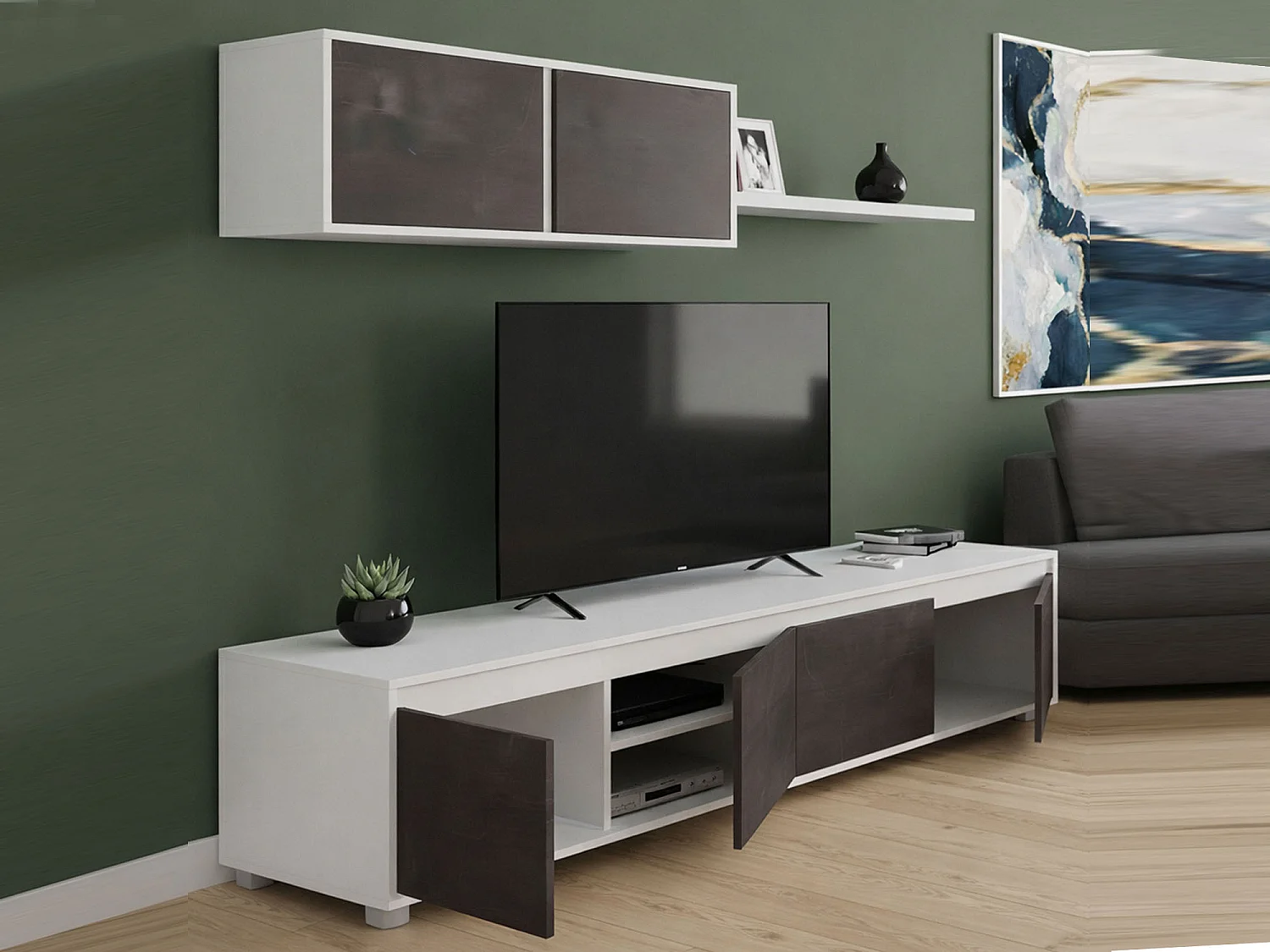 Système mural Savannah, meuble TV meuble de salon, Composition d'ensemble de salon, Ensemble de salon avec élément mural, 200x41h43 cm, Blanc et Oxyde