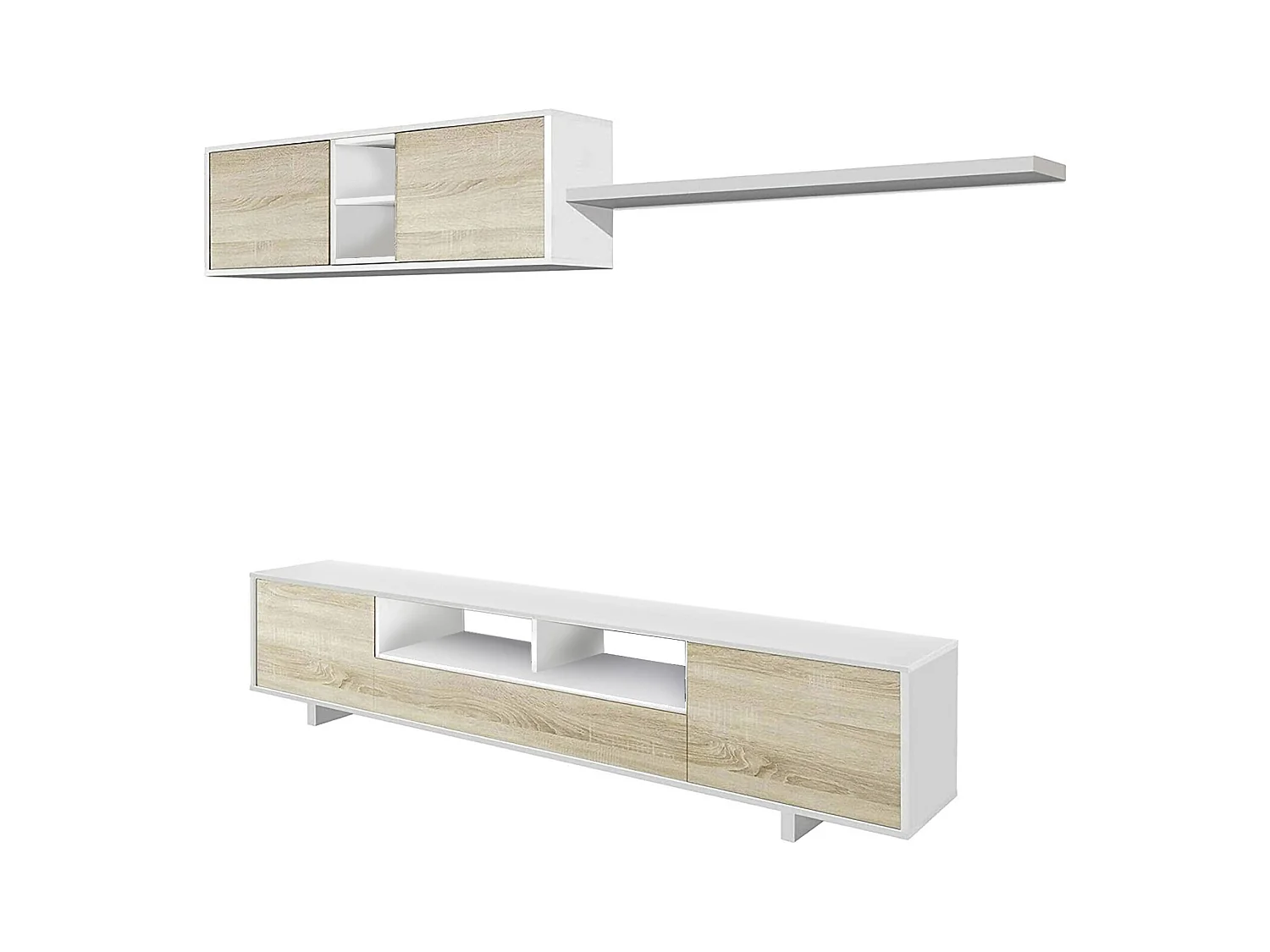 Parete attrezzata Hartford, Mobile da soggiorno porta TV, Composizione set salotto, Set salotto con pensile, 260x41h46 cm, Bianco lucido e Rovere