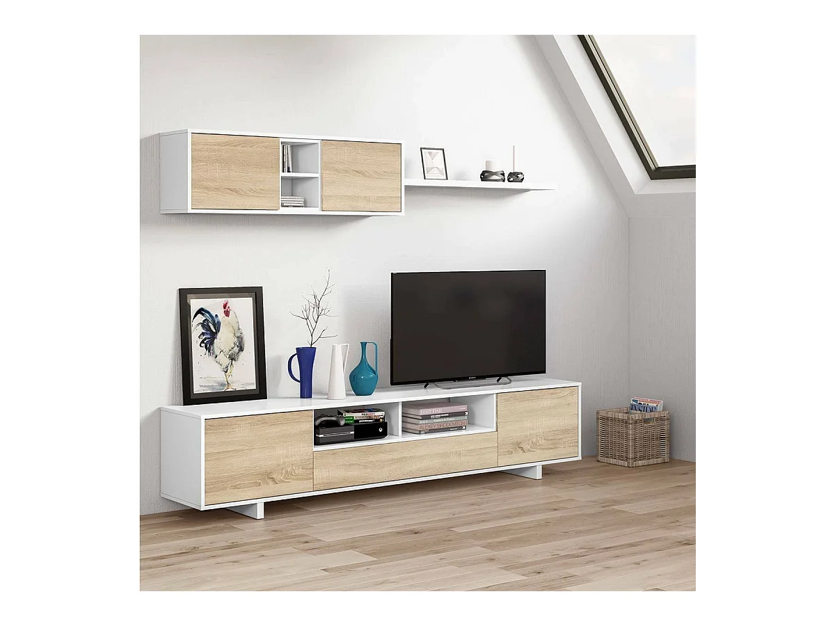 Parete attrezzata Hartford, Mobile da soggiorno porta TV, Composizione set salotto, Set salotto con pensile, 260x41h46 cm, Bianco lucido e Rovere