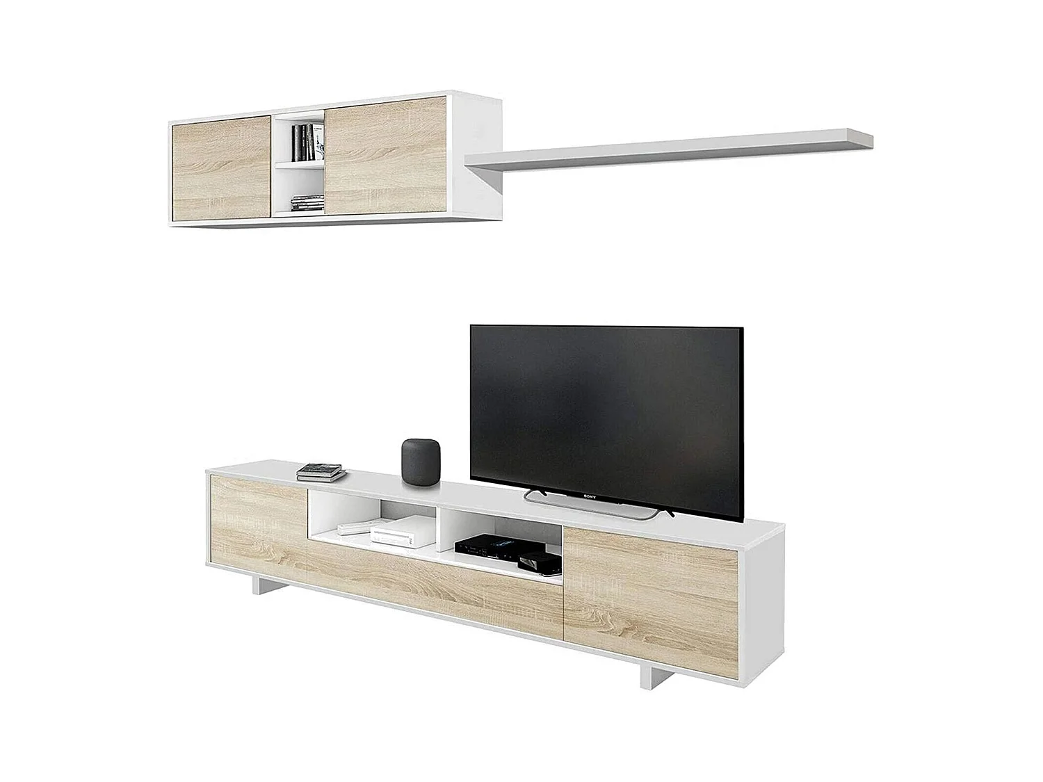 Parete attrezzata Hartford, Mobile da soggiorno porta TV, Composizione set salotto, Set salotto con pensile, 260x41h46 cm, Bianco lucido e Rovere