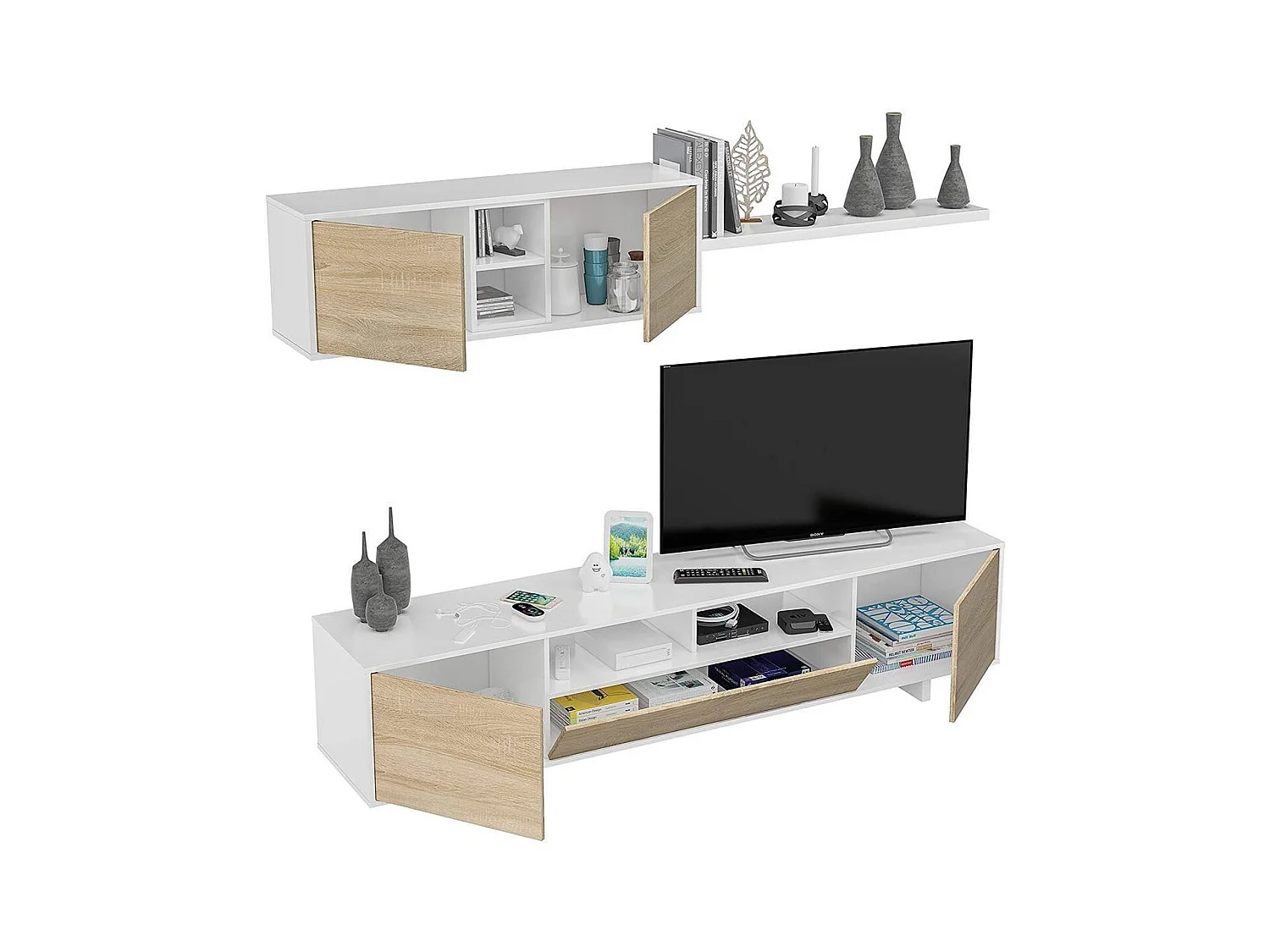 Parete attrezzata Hartford, Mobile da soggiorno porta TV, Composizione set salotto, Set salotto con pensile, 260x41h46 cm, Bianco lucido e Rovere