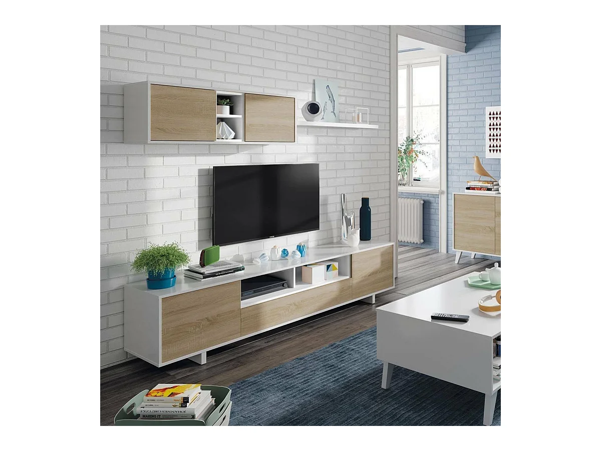 Parete attrezzata Hartford, Mobile da soggiorno porta TV, Composizione set salotto, Set salotto con pensile, 260x41h46 cm, Bianco lucido e Rovere