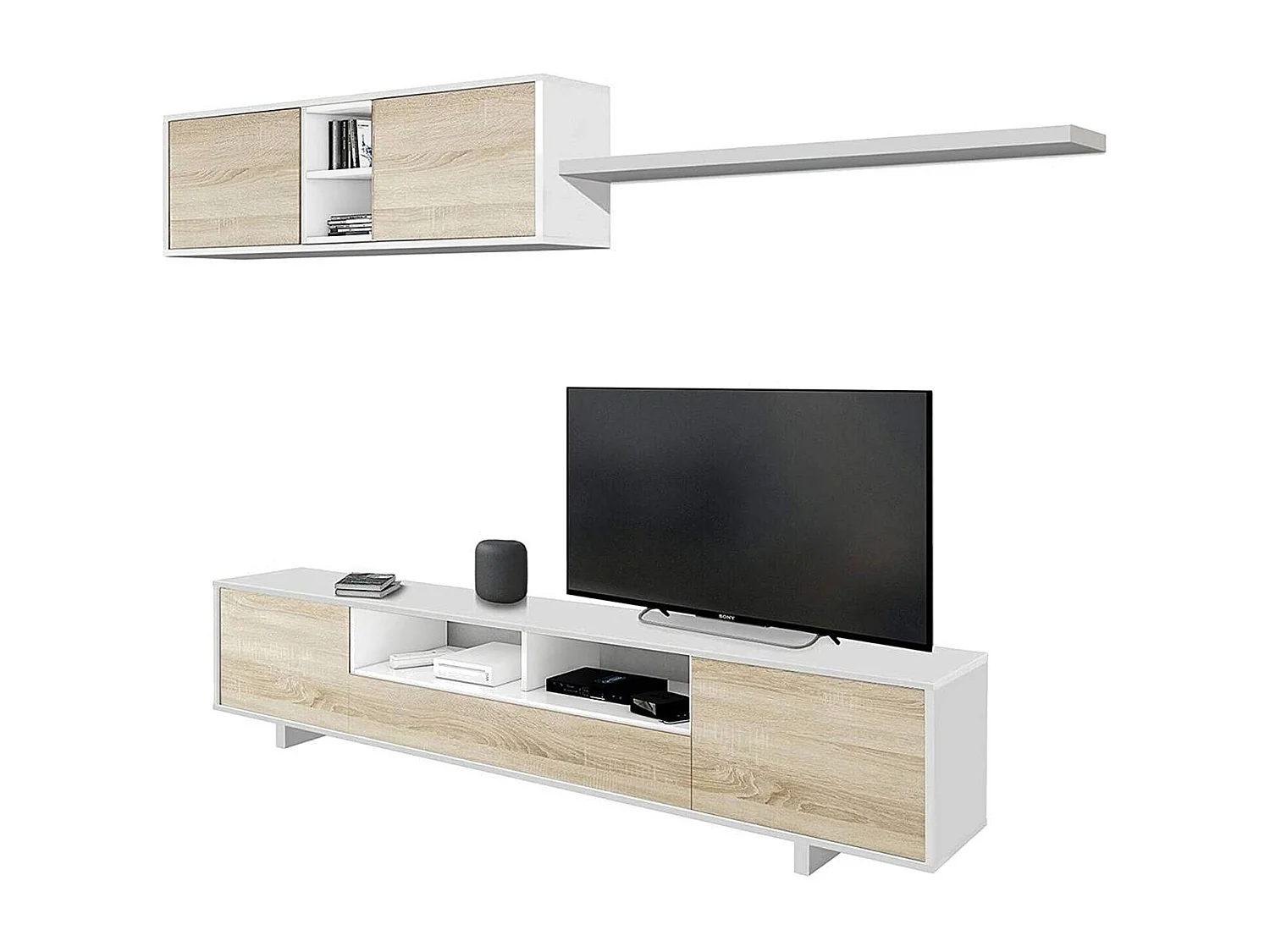 Hartford wandsysteem, TV-meubel woonkamermeubel, Samenstelling woonkamerset, Woonkamerset met wandmeubel, 260x41h46 cm, Glanzend wit en eiken