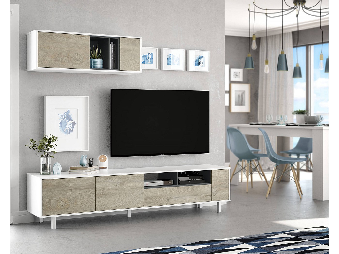 Parete Attrezzata CAESAROO Per TV 230 Cm - Bianco Lucido E Rovere Naturale, Design Moderno - Foto 10
