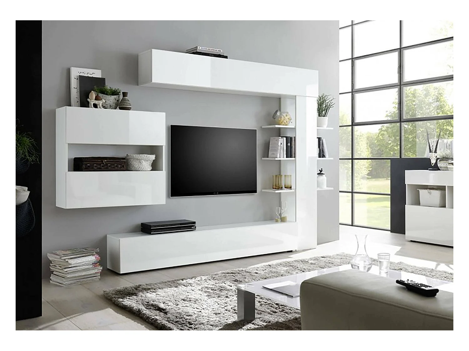 Móvel de parede reversível para sala, Fabricado na Itália, Móvel de TV, Conjunto de sala moderno, 295x30h197 cm, cor branco brilhante e fosco