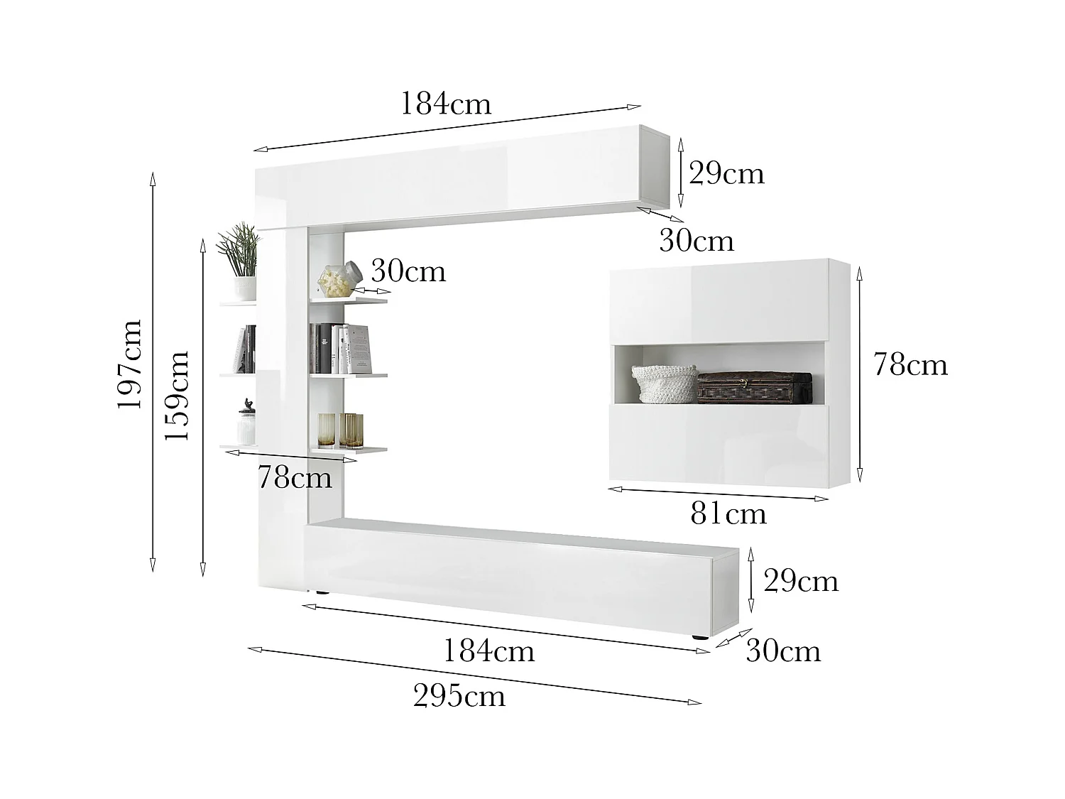 Móvel de parede reversível para sala, Fabricado na Itália, Móvel de TV, Conjunto de sala moderno, 295x30h197 cm, cor branco brilhante e fosco