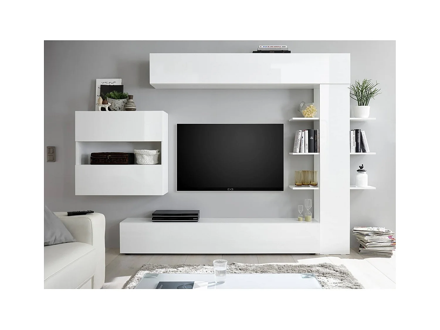 Móvel de parede reversível para sala, Fabricado na Itália, Móvel de TV, Conjunto de sala moderno, 295x30h197 cm, cor branco brilhante e fosco