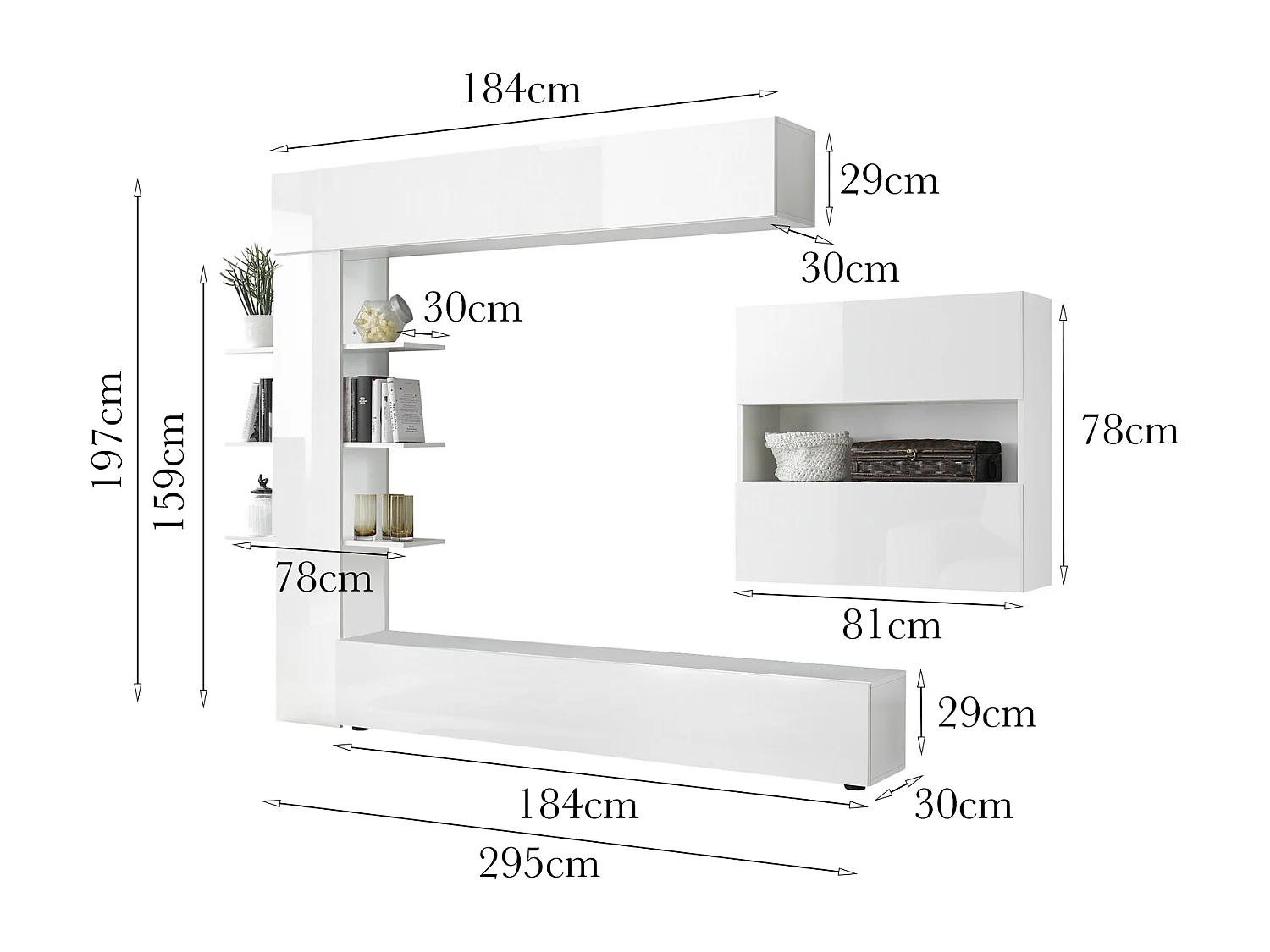 Ensemble mural de salon réversible, Made in Italy, Meuble TV, Ensemble de salon moderne, 295x30h197 cm, couleur Blanc Brillant et Mat