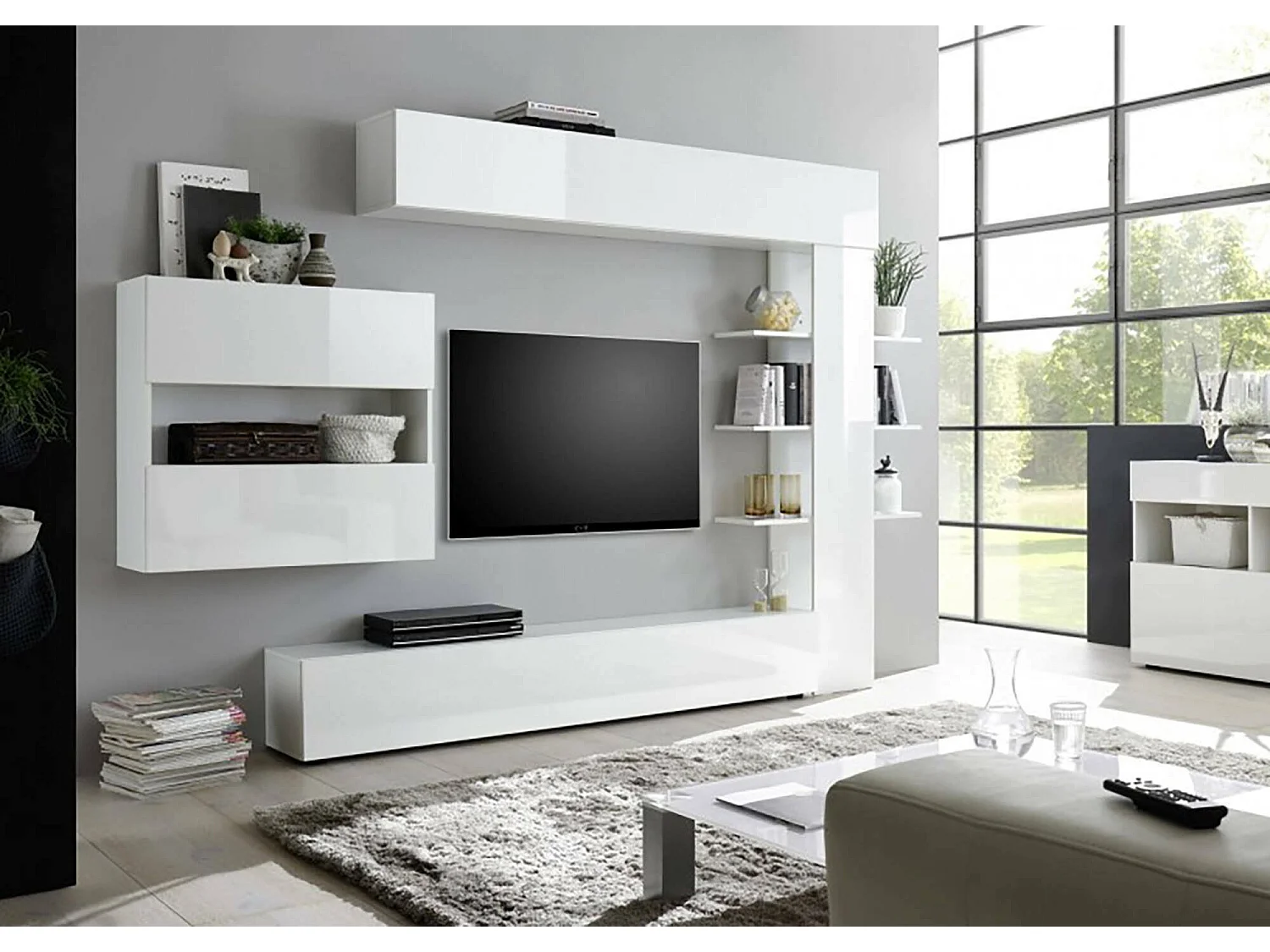 Parete attrezzata da soggiorno reversibile, Made in Italy, Mobile porta TV, Set salotto moderno, cm 295x30h197, colore Bianco lucido e Opaco