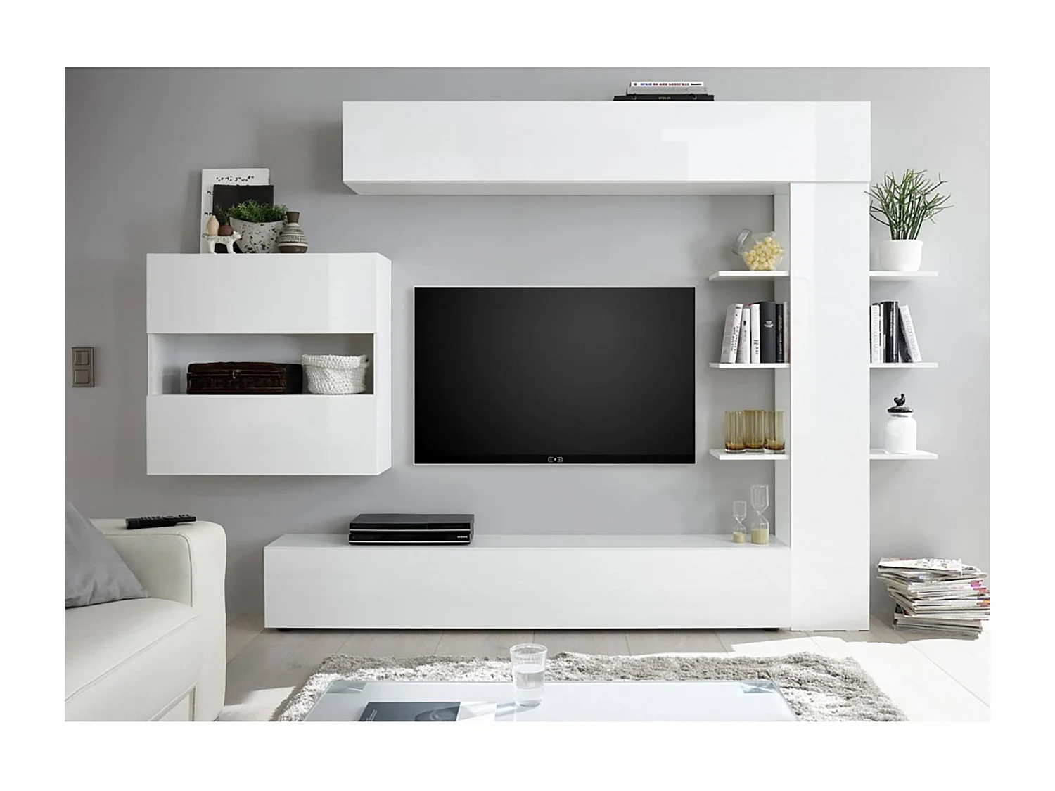 Parete attrezzata da soggiorno reversibile, Made in Italy, Mobile porta TV, Set salotto moderno, cm 295x30h197, colore Bianco lucido e Opaco
