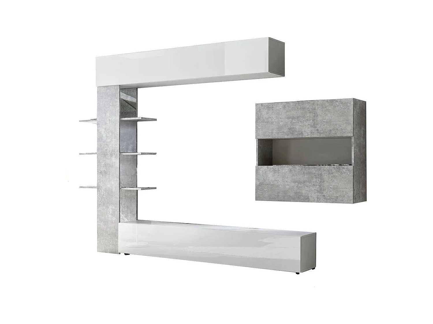 Wohnzimmerwand, Made in Italy, TV-Schrank, moderne Wohnzimmergarnitur, 295 x 30 h 197 cm, glänzendes Weiß und Zementfarbe