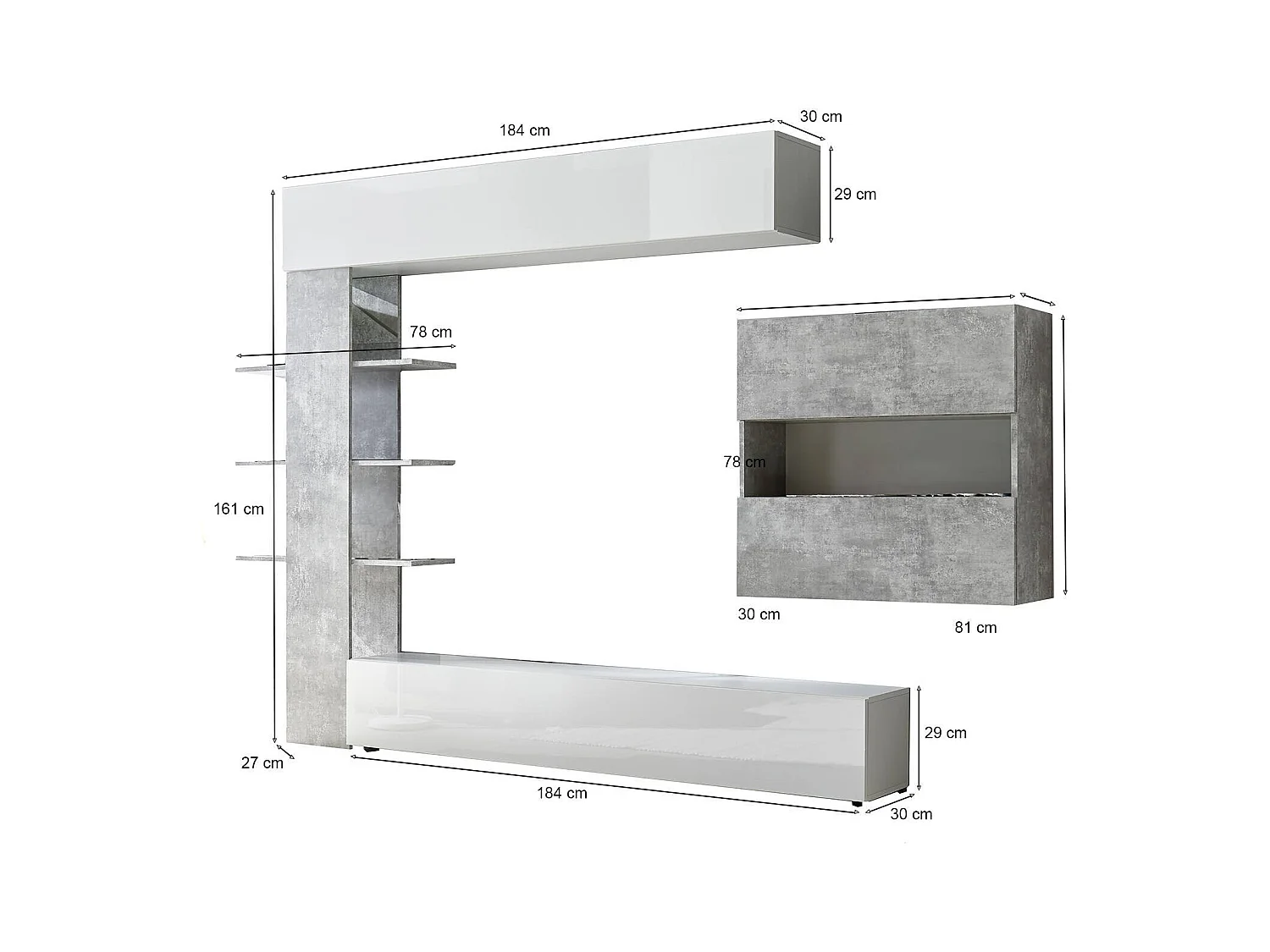Wohnzimmerwand, Made in Italy, TV-Schrank, moderne Wohnzimmergarnitur, 295 x 30 h 197 cm, glänzendes Weiß und Zementfarbe