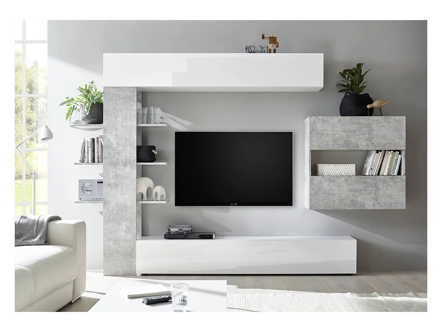Wohnzimmerwand, Made in Italy, TV-Schrank, moderne Wohnzimmergarnitur, 295 x 30 h 197 cm, glänzendes Weiß und Zementfarbe
