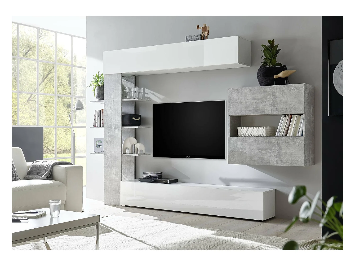 Wohnzimmerwand, Made in Italy, TV-Schrank, moderne Wohnzimmergarnitur, 295 x 30 h 197 cm, glänzendes Weiß und Zementfarbe