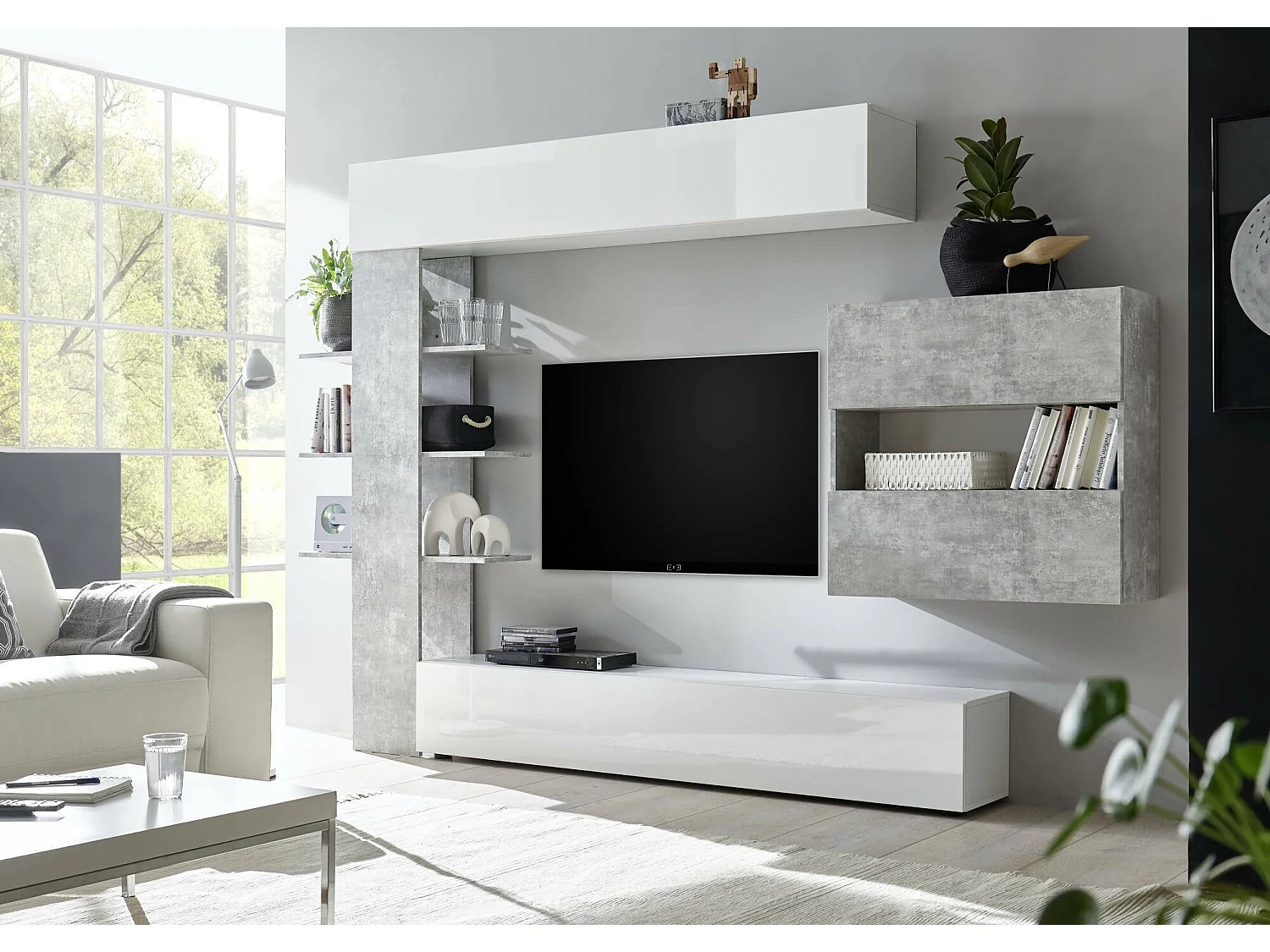 Ensemble mural de salon réversible, Made in Italy, Meuble TV, Ensemble de salon moderne, 295x30h197 cm, Blanc brillant et couleur Ciment