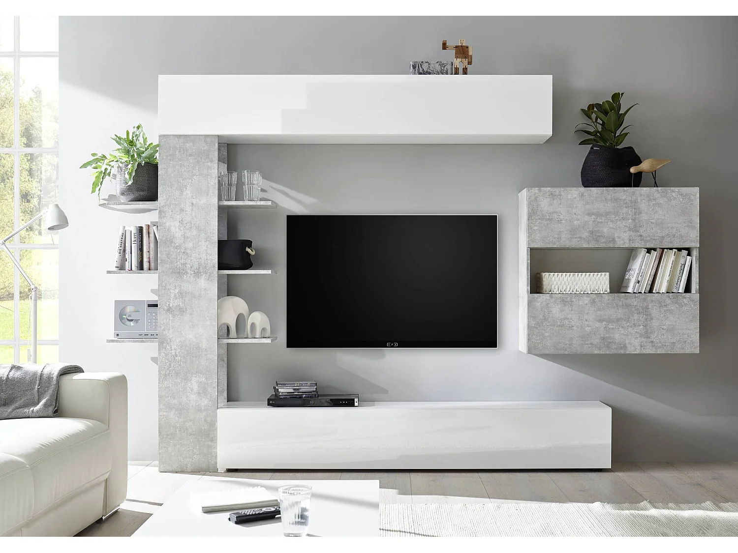 Parete attrezzata da soggiorno reversibile, Made in Italy, Mobile porta TV, Set salotto moderno, cm 295x30h197, colore Bianco lucido e Cemento