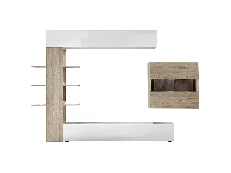 Ensemble mural de salon réversible, Made in Italy, Meuble TV, Ensemble de salon moderne, 295x30h197 cm, Blanc brillant et couleur Chêne