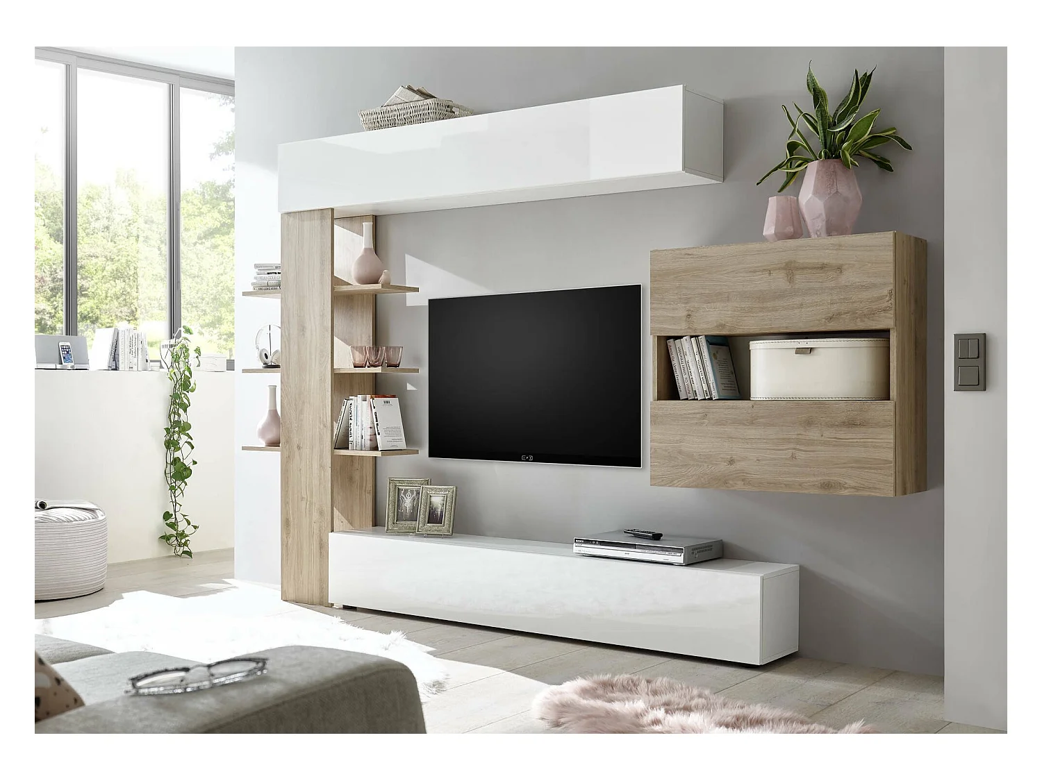 Ensemble mural de salon réversible, Made in Italy, Meuble TV, Ensemble de salon moderne, 295x30h197 cm, Blanc brillant et couleur Chêne