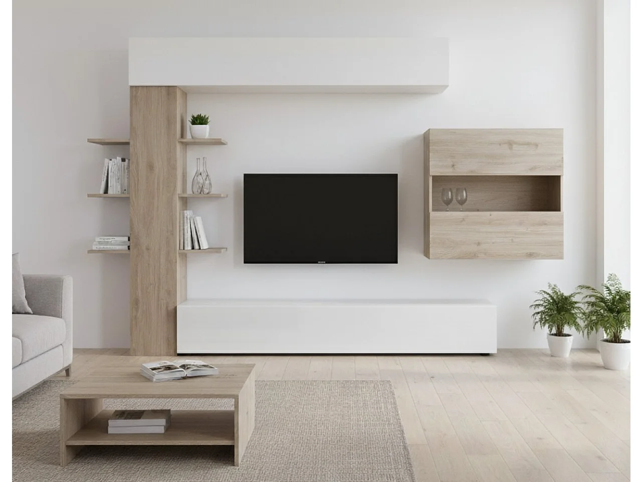 Ensemble mural de salon réversible, Made in Italy, Meuble TV, Ensemble de salon moderne, 295x30h197 cm, Blanc brillant et couleur Chêne