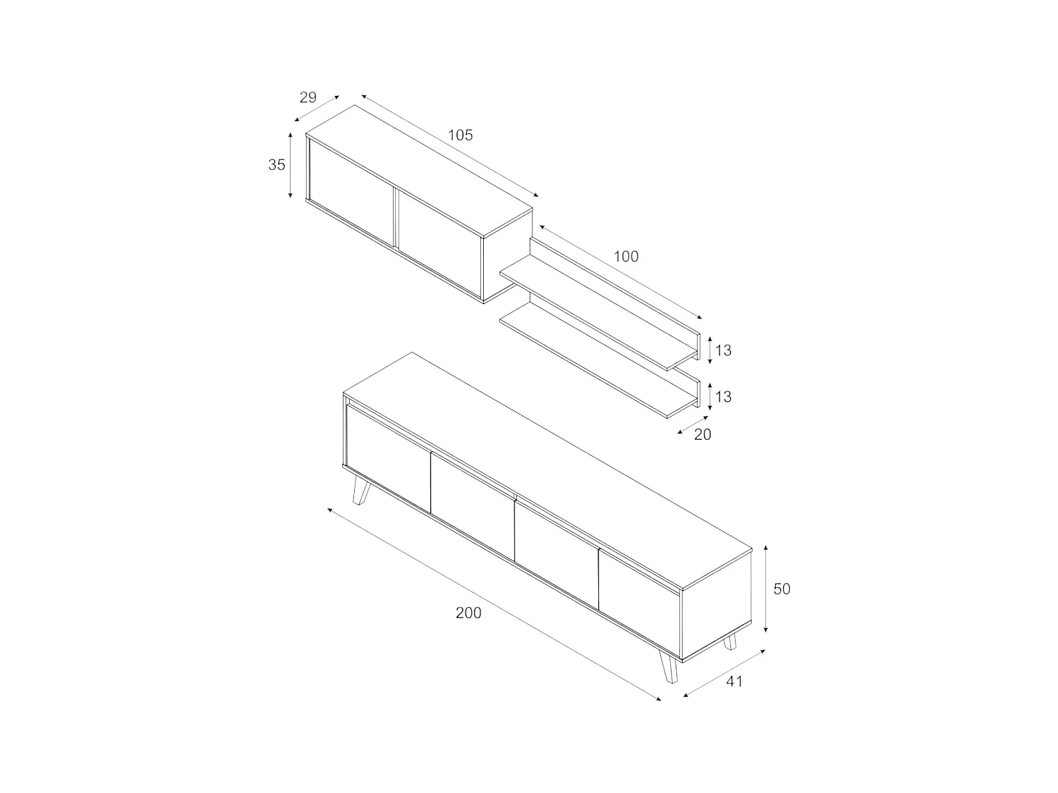 Einbaufertige Wand Orlando, TV-Ständer für Wohnzimmer, Wohnzimmerkomposition mit Wohnwand und Regal, 200x50h41 cm, Weiß und Eiche