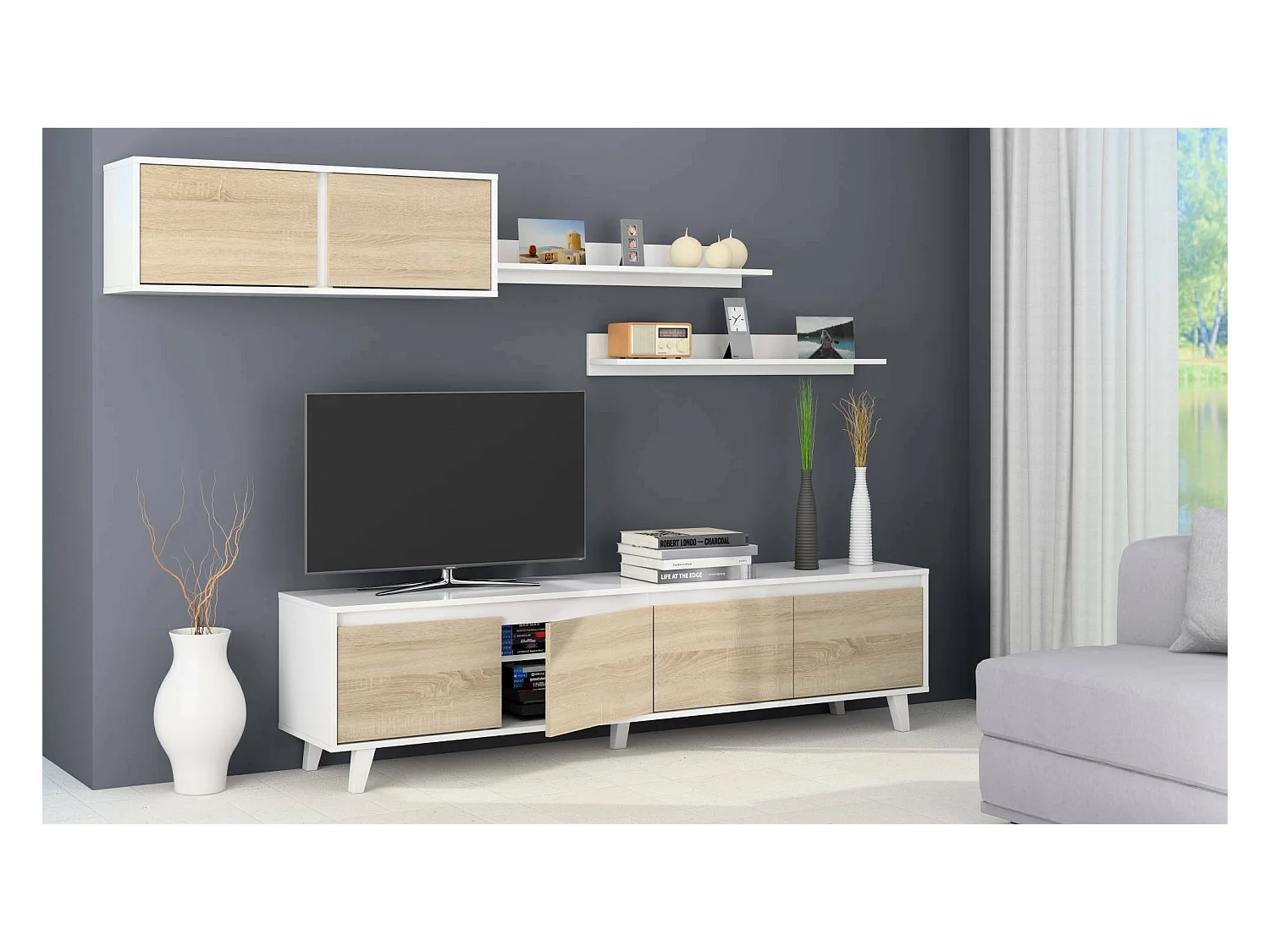 Einbaufertige Wand Orlando, TV-Ständer für Wohnzimmer, Wohnzimmerkomposition mit Wohnwand und Regal, 200x50h41 cm, Weiß und Eiche