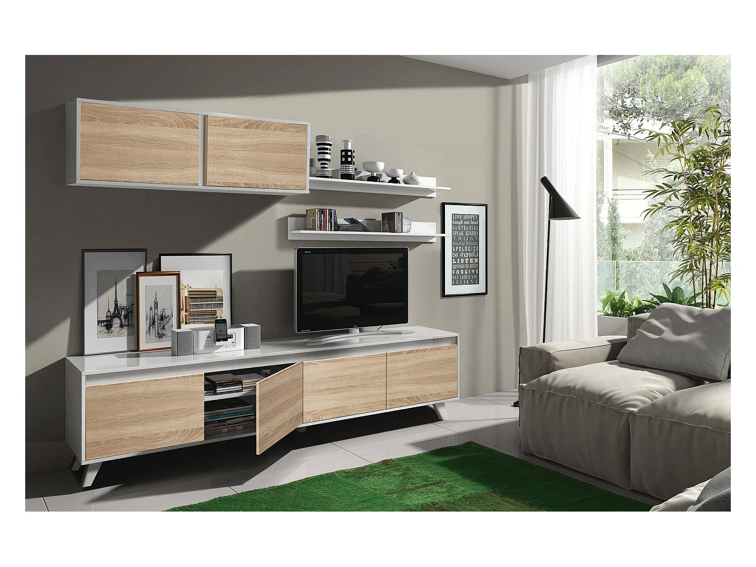 Einbaufertige Wand Orlando, TV-Ständer für Wohnzimmer, Wohnzimmerkomposition mit Wohnwand und Regal, 200x50h41 cm, Weiß und Eiche