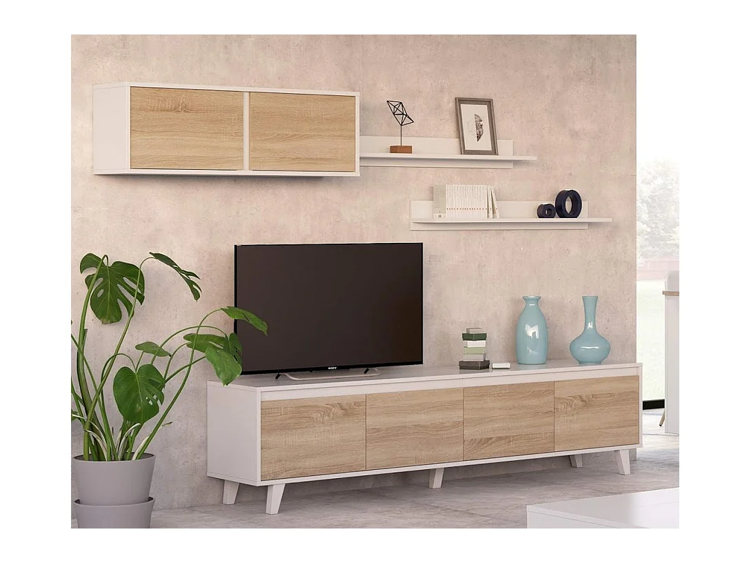 Einbaufertige Wand Orlando, TV-Ständer für Wohnzimmer, Wohnzimmerkomposition mit Wohnwand und Regal, 200x50h41 cm, Weiß und Eiche