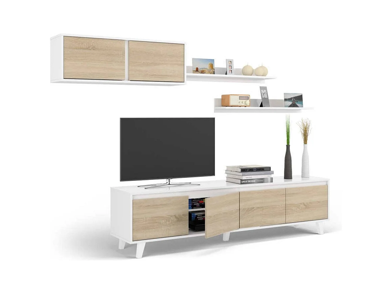 Einbaufertige Wand Orlando, TV-Ständer für Wohnzimmer, Wohnzimmerkomposition mit Wohnwand und Regal, 200x50h41 cm, Weiß und Eiche