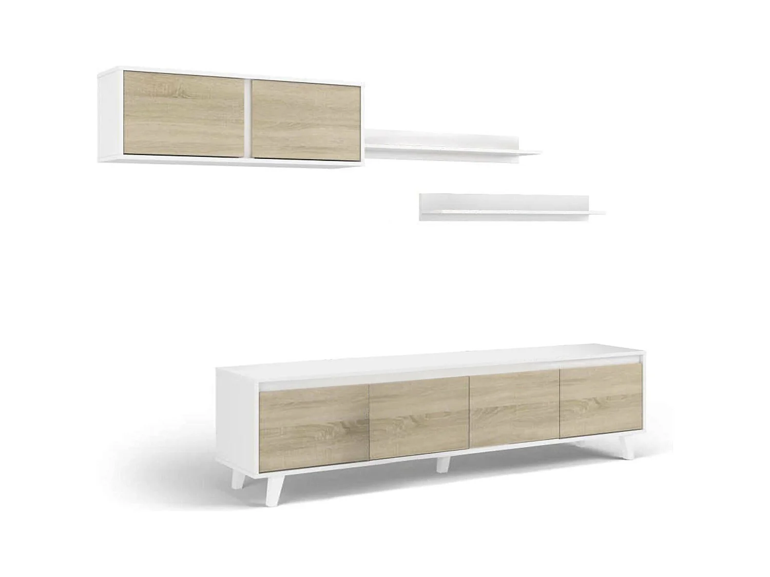 Einbaufertige Wand Orlando, TV-Ständer für Wohnzimmer, Wohnzimmerkomposition mit Wohnwand und Regal, 200x50h41 cm, Weiß und Eiche