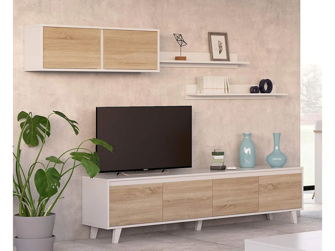 Système mural Orlando, meuble TV meuble de salon, Composition de salon avec élément mural et étagère, 200x50h41 cm, Blanc et Chêne