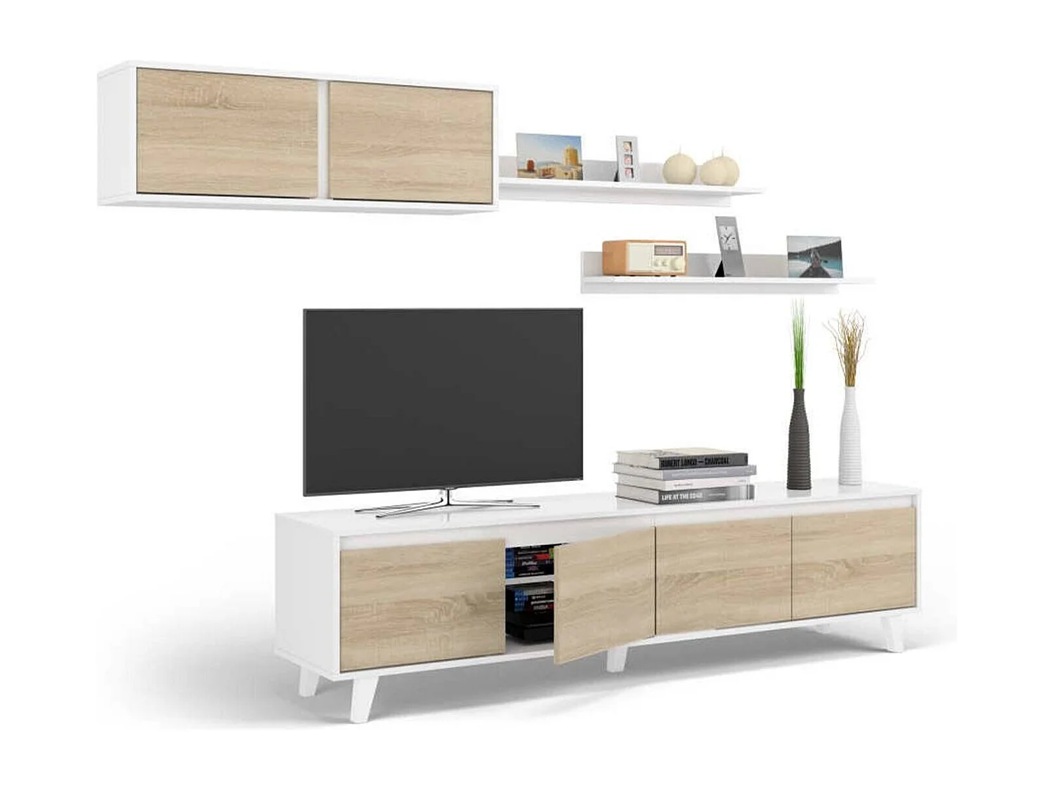 Système mural Orlando, meuble TV meuble de salon, Composition de salon avec élément mural et étagère, 200x50h41 cm, Blanc et Chêne