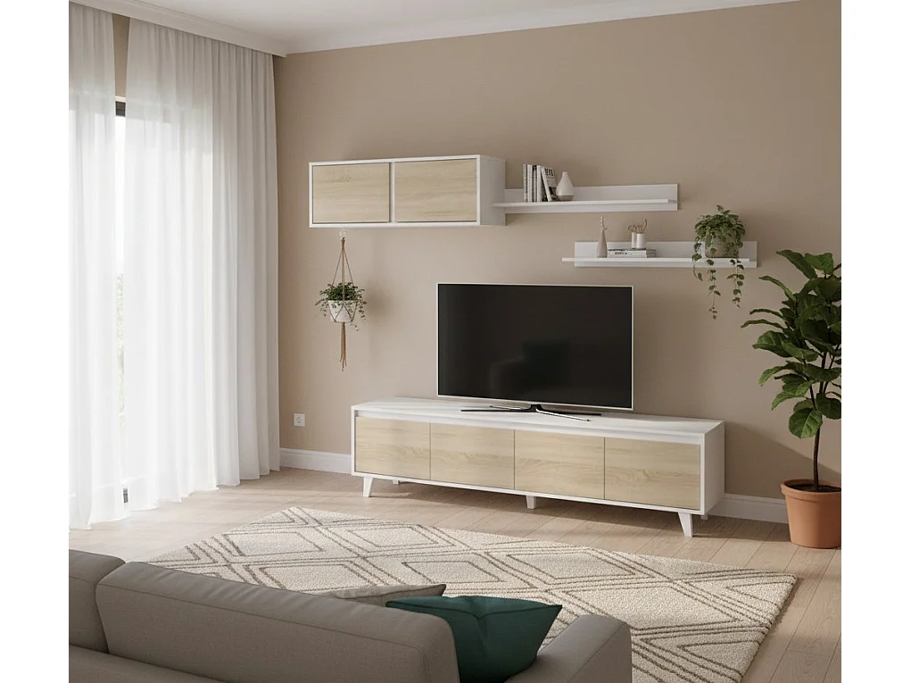 Orlando wandsysteem, TV-meubel woonkamermeubel, Woonkamersamenstelling met wandmeubel en plank, 200x50h41 cm, Wit en Eiken