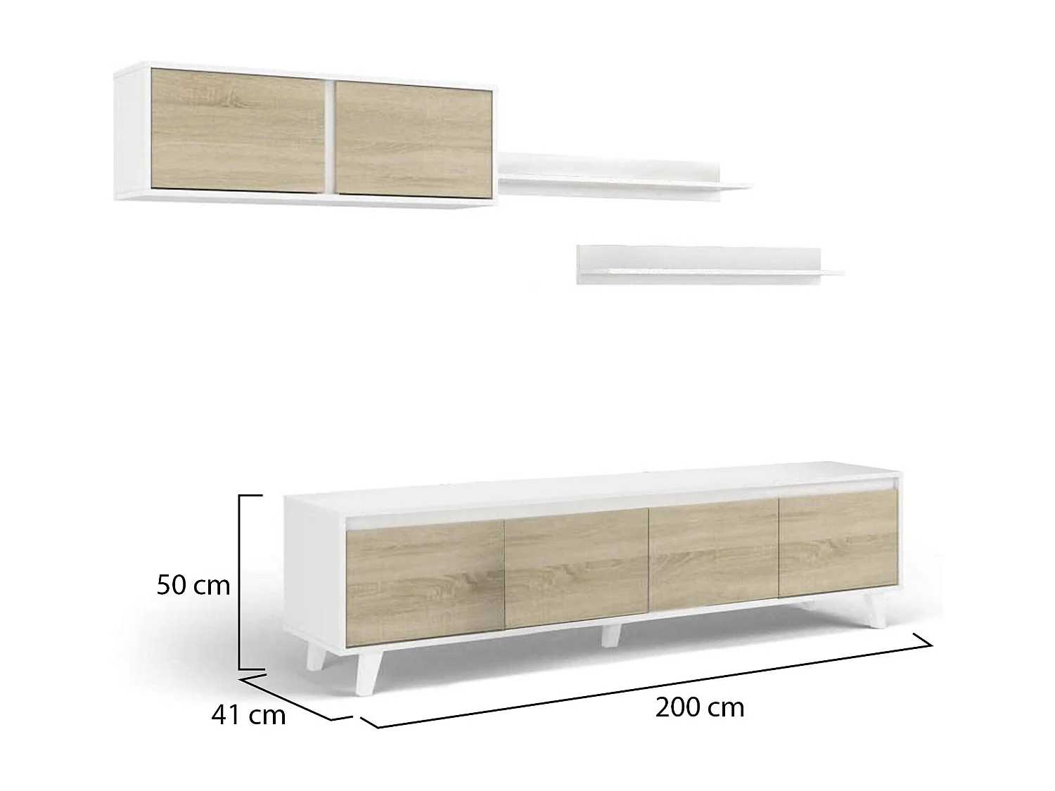Sistema de parede Orlando, móvel de sala de TV, Composição de sala com móvel de parede e prateleira, 200x50h41 cm, Branco e Carvalho