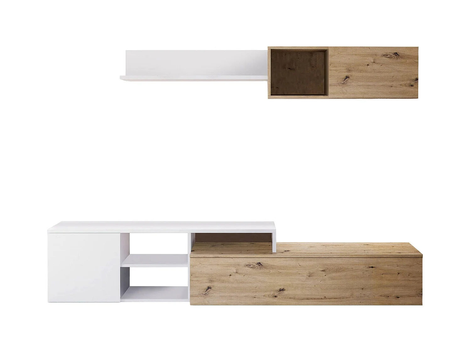 Miami wandsysteem, Omkeerbaar TV-meubel woonkamermeubel, Woonkamersamenstelling met wandmeubel en plank, 220x40h44 cm, Eiken met knoopeffect en Wit