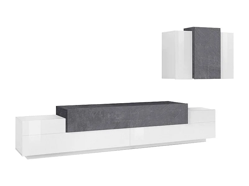 Ruben wandsysteem, TV-meubel woonkamerset, Multifunctioneel woonkamermeubilair, 100% Made in Italy, 240x45h180 cm, Glanzend wit en leisteen