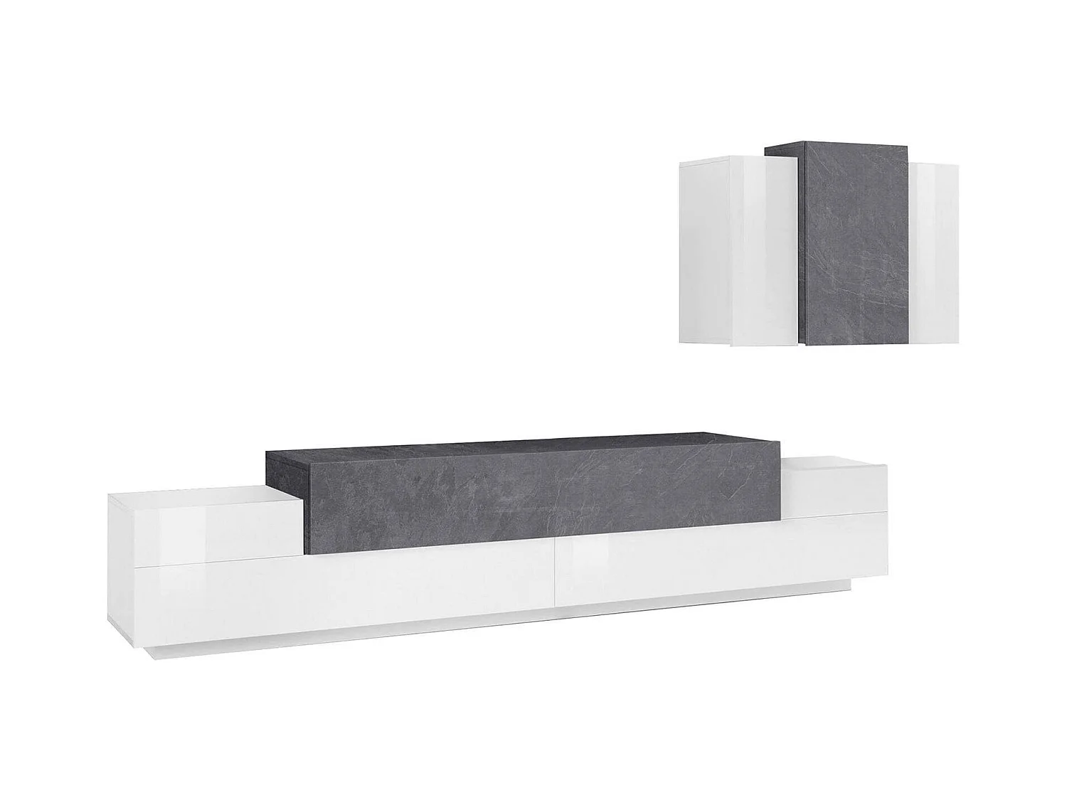 Sistema de parede Ruben, conjunto de sala de TV, móveis de sala multiuso, 100% fabricado na Itália, 240x45h180 cm, branco brilhante e ardósia