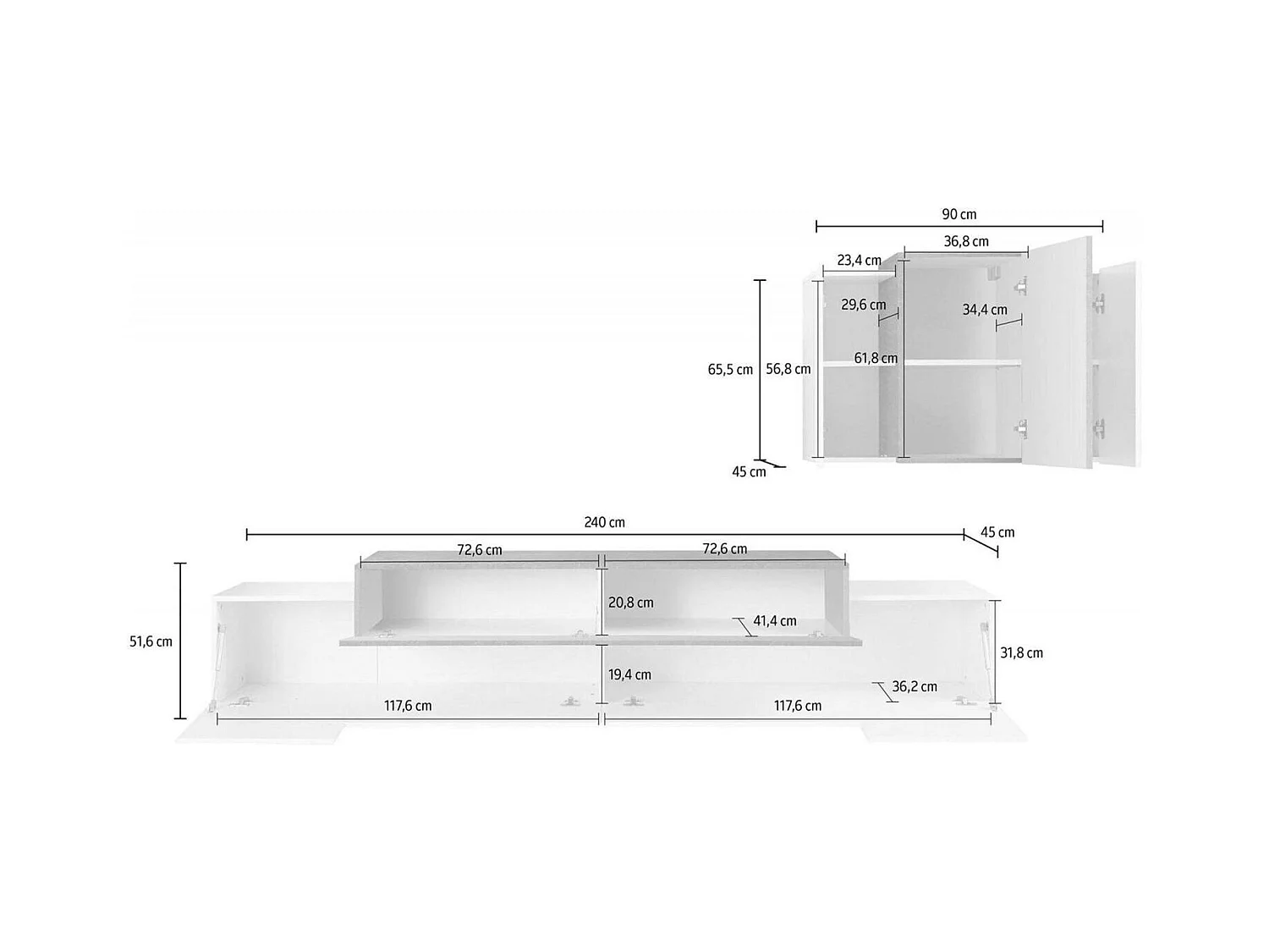 Sistema de parede Ruben, conjunto de sala de TV, móveis de sala multiuso, 100% fabricado na Itália, 240x45h180 cm, branco brilhante e ardósia