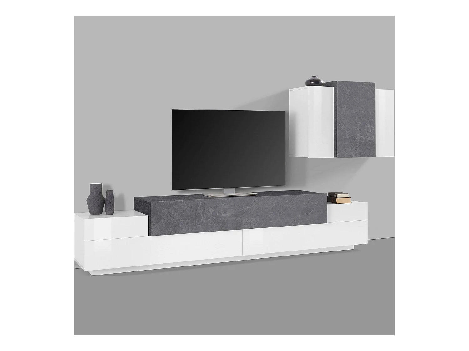 Sistema de parede Ruben, conjunto de sala de TV, móveis de sala multiuso, 100% fabricado na Itália, 240x45h180 cm, branco brilhante e ardósia