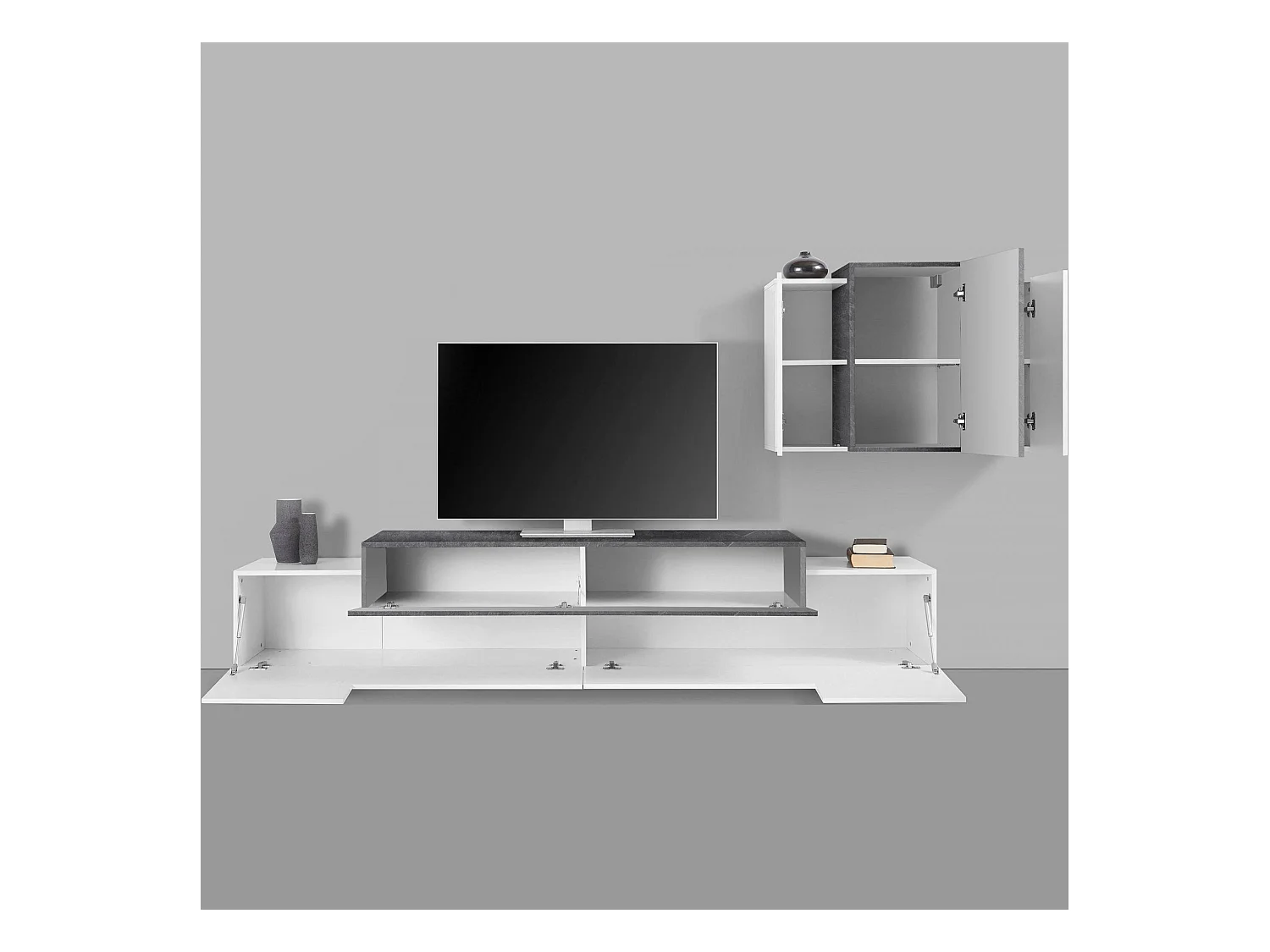 Sistema de parede Ruben, conjunto de sala de TV, móveis de sala multiuso, 100% fabricado na Itália, 240x45h180 cm, branco brilhante e ardósia