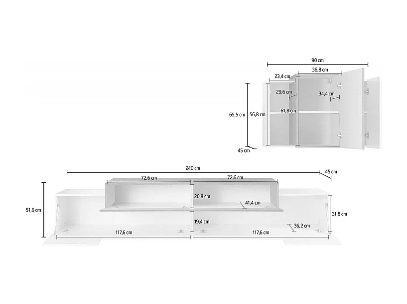 Unité murale Ruben, ensemble de salon meuble TV, meuble de salon polyvalent, 100% Made in Italy, 240x45h180 cm, blanc brillant et ardoise